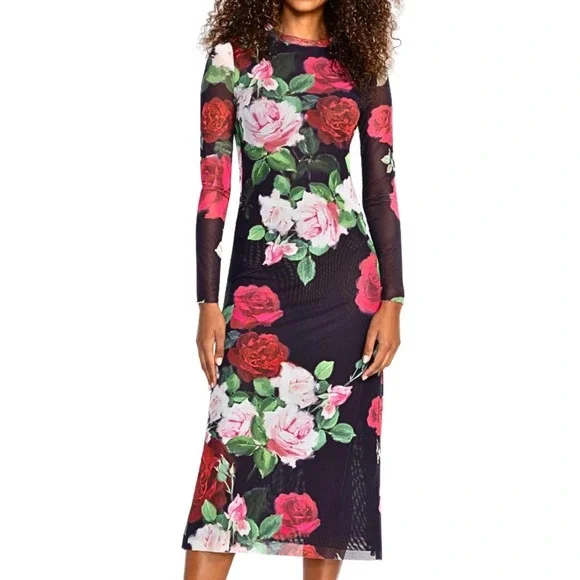 Johnny Was NWT Mesh Midi Romantic Boho Dress Rosa Floral Red Pink Black Small - Picture 2 of 11